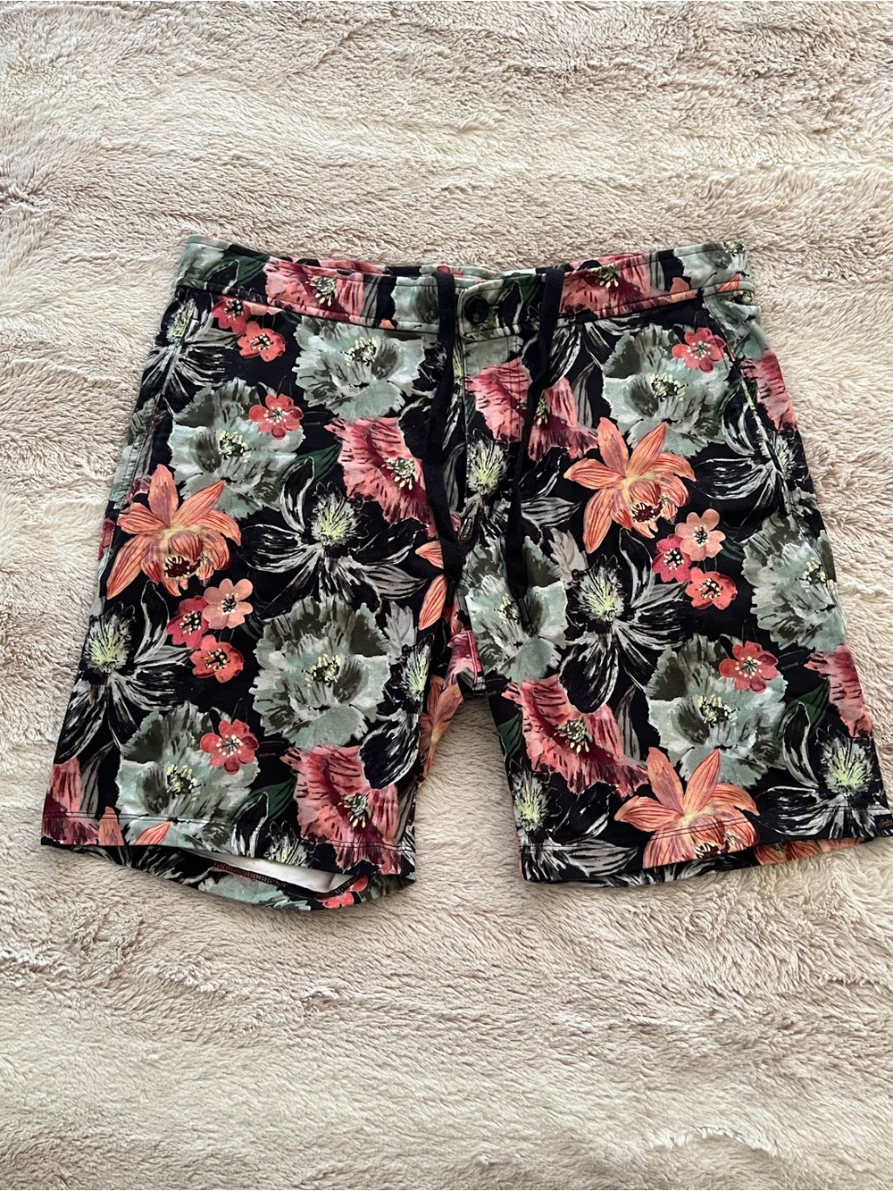 Good Man Brand Black Floral Hybrid Shorts with Coral & Sage Blooms
